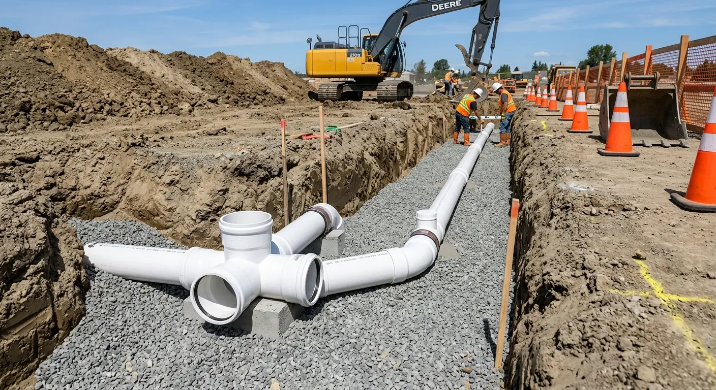 New PVC sewer pipe installation in open trench for Sewer Backup in Shreveport